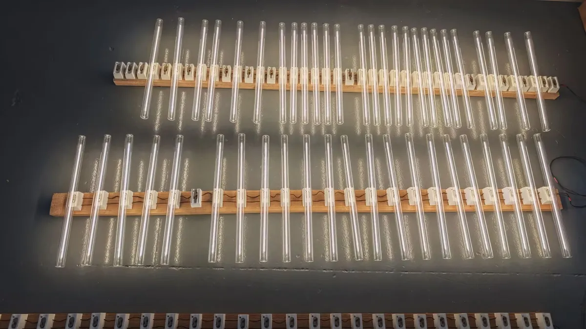 S14d linear LED bulbs illuminated on an aging rack